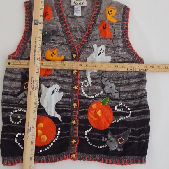 Vintage Tiara Gray Halloween Ghost Pumpkin Sequin Spooky Knit Sweater Vest L - Picture 3 of 9